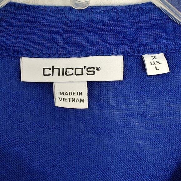 Chico's Stretch Linen Embellished Tunic Top Size Large /2 Blue Knit 3/4 Sleeve - Picture 9 of 10